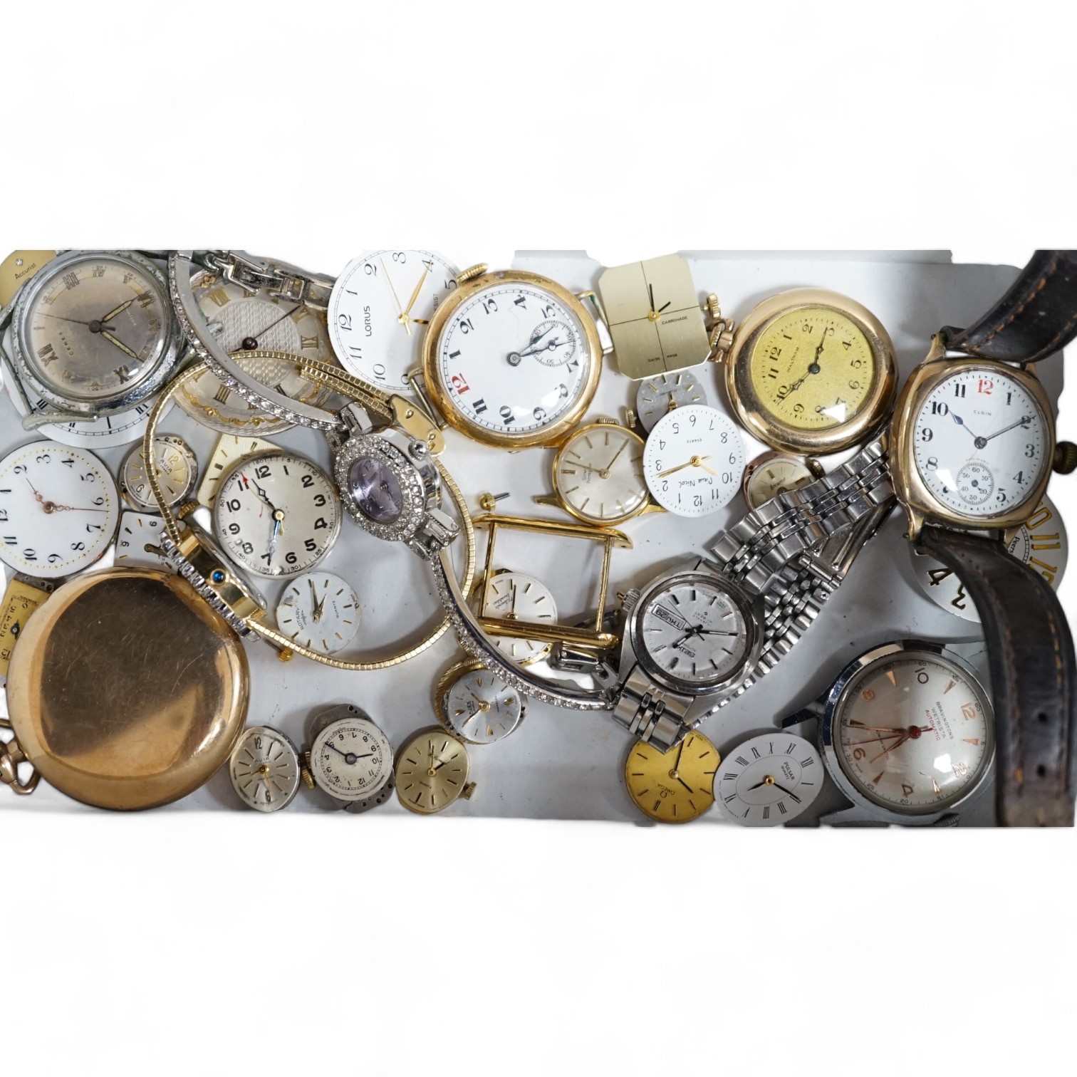 A small quantity of assorted wrist watches, pocket watch and various movements, including Omega, Ceres, Elgin and Seiko. Condition - poor to fair